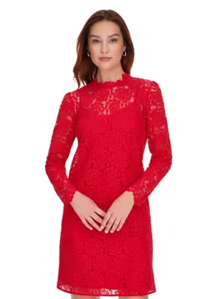 Women's Long Sleeve Smocked Neck Lace Shift Dress