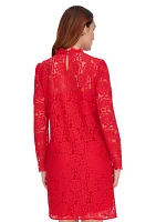 Women's Long Sleeve Smocked Neck Lace Shift Dress