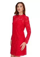 Women's Long Sleeve Smocked Neck Lace Shift Dress