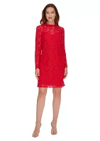 Women's Long Sleeve Smocked Neck Lace Shift Dress