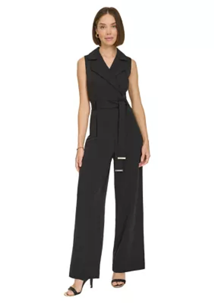 Women's Sleeveless Faux Wrap Self Tie Jumpsuit