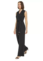 Women's Sleeveless Faux Wrap Self Tie Jumpsuit