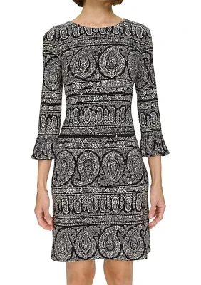 Women's 3/4 Sleeve Pleat Cuff Floral Paisley Shift Dress