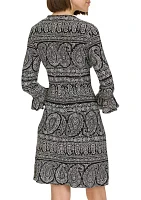 Women's 3/4 Sleeve Pleat Cuff Floral Paisley Shift Dress