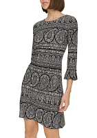 Women's 3/4 Sleeve Pleat Cuff Floral Paisley Shift Dress