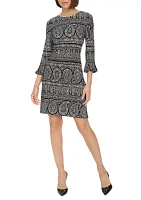 Women's 3/4 Sleeve Pleat Cuff Floral Paisley Shift Dress