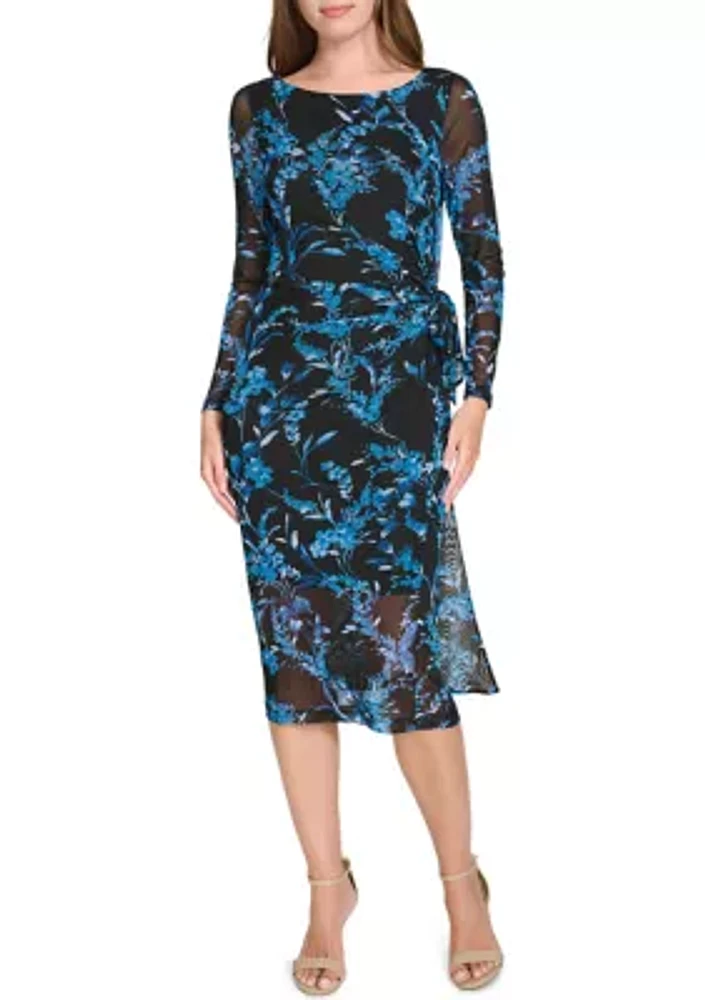 Women's Floral Printed Mesh Midi Sheath Dress