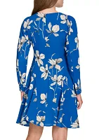 Women's Long Sleeve V-Neck Crepe Fit and Flare Dress