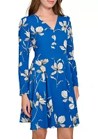 Women's Long Sleeve V-Neck Crepe Fit and Flare Dress