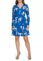 Women's Long Sleeve V-Neck Crepe Fit and Flare Dress