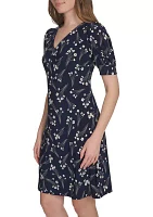 Women's Short Puff Sleeve V-Neck Jersey Shift Dress