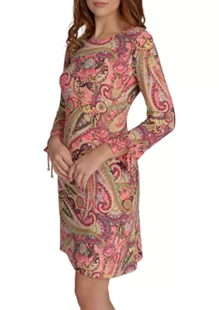 Women's 3/4 Tie Sleeve Paisley Jersey Shift Dress