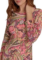 Women's 3/4 Tie Sleeve Paisley Jersey Shift Dress