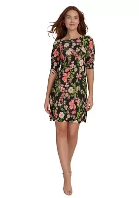 Women's Short Ruched Sleeve Floral Printed Jersey Shift Dress