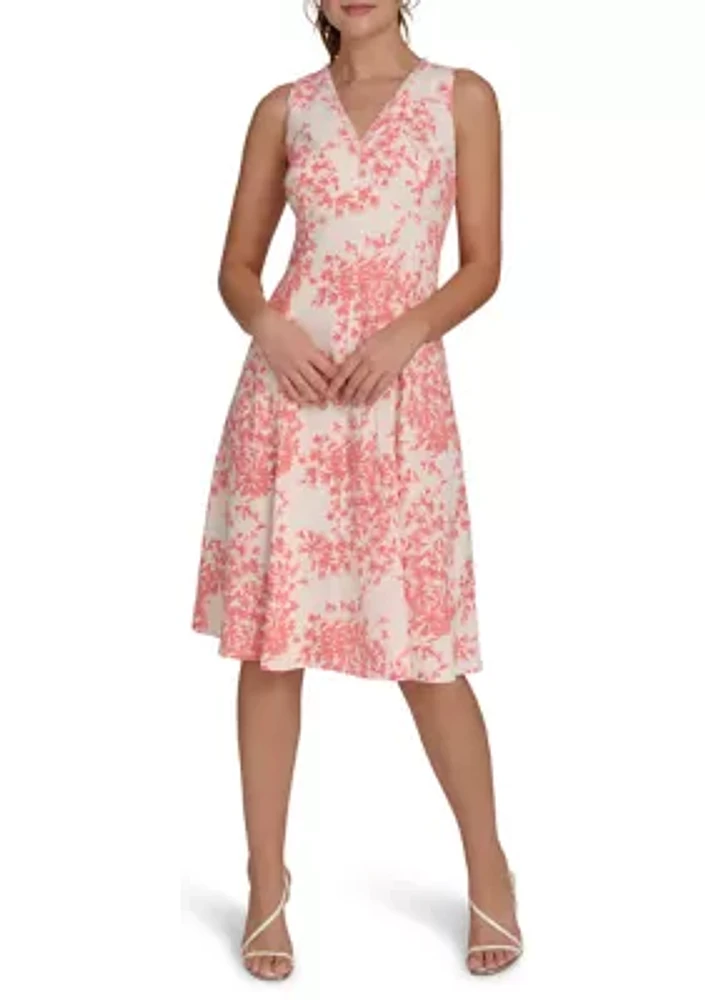 Women's Sleeveless V-Neck Hopsack Fit and Flare Dress with Fringe Trim