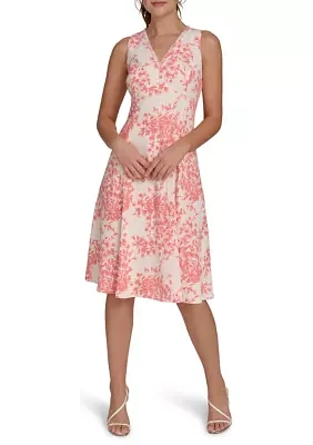 Women's Sleeveless V-Neck Hopsack Fit and Flare Dress with Fringe Trim