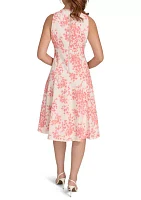 Women's Sleeveless V-Neck Hopsack Fit and Flare Dress with Fringe Trim