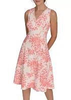 Women's Sleeveless V-Neck Hopsack Fit and Flare Dress with Fringe Trim