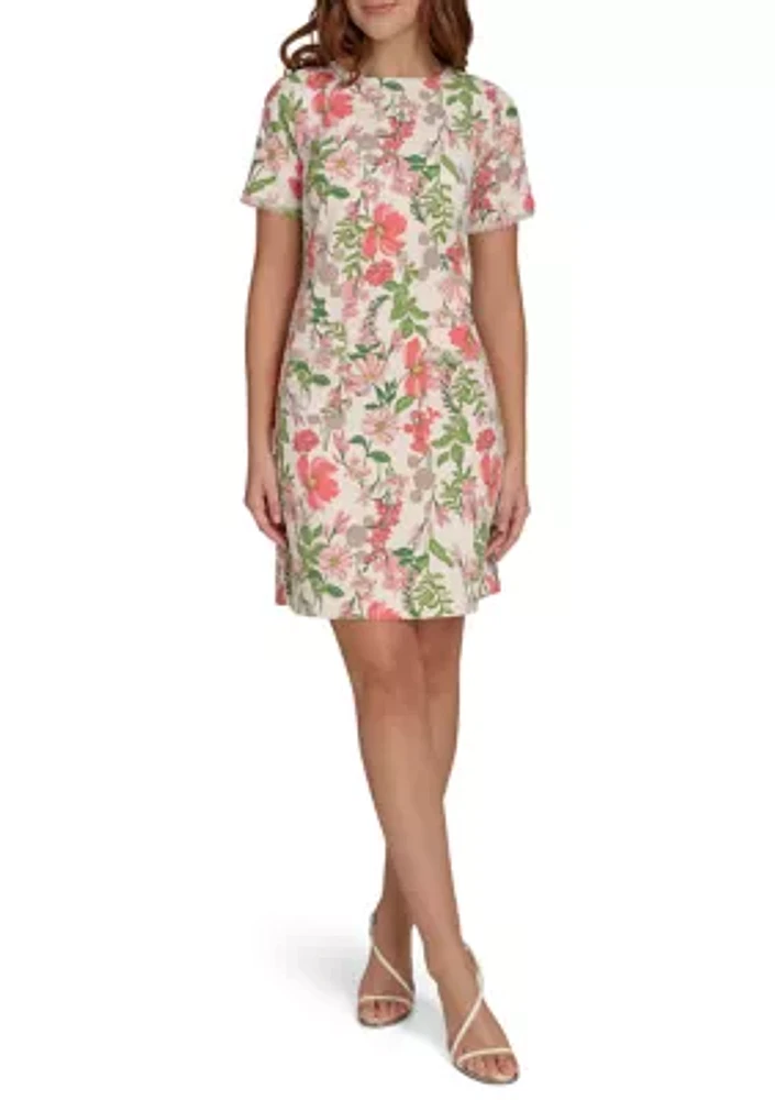Women's Short Sleeve Floral Hopsack Pocket Shift Dress with Fringe Trim