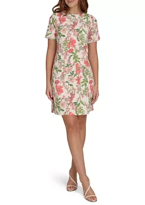 Women's Short Sleeve Floral Hopsack Pocket Shift Dress with Fringe Trim