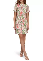 Women's Short Sleeve Floral Hopsack Pocket Shift Dress with Fringe Trim