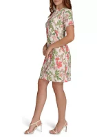 Women's Short Sleeve Floral Hopsack Pocket Shift Dress with Fringe Trim