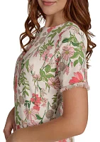 Women's Short Sleeve Floral Hopsack Pocket Shift Dress with Fringe Trim