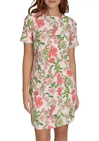 Women's Short Sleeve Floral Hopsack Pocket Shift Dress with Fringe Trim