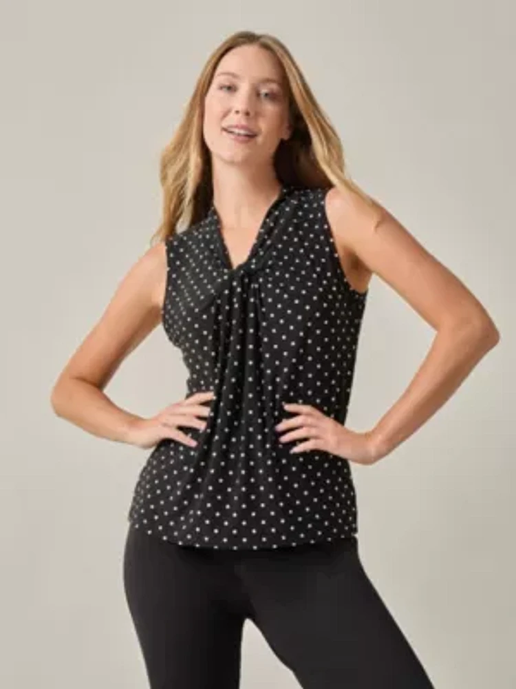 Dot Print Sleeveless Knot Front Knit Top