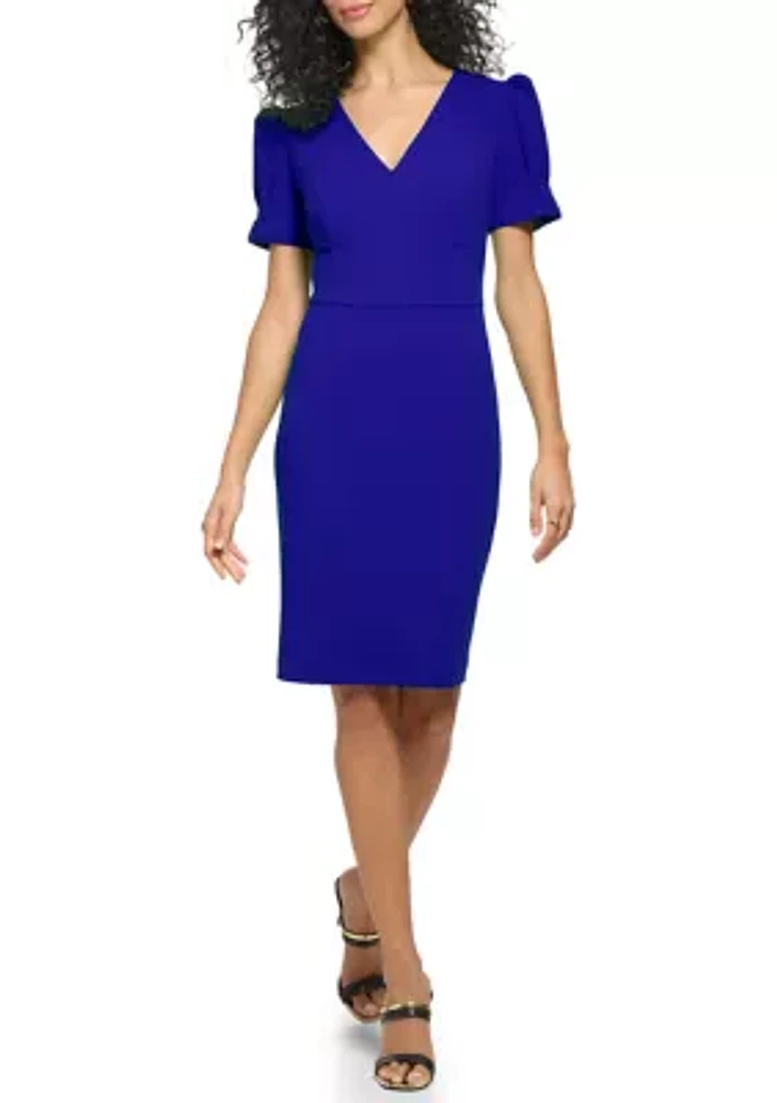 Women's Short Sleeve V-Neck Solid Sheath Dress