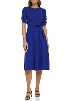 Women's Puff Sleeve Round Neck Tie Waist Solid Midi Dress