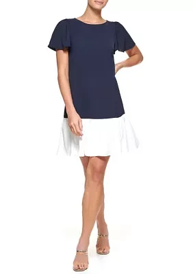 Short Sleeve Color Block Woven A-Line Dress