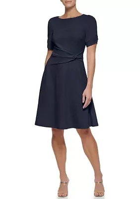 Women's Short Sleeve Crepe Side Knot Fit & Flare Dress