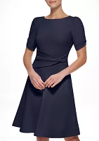 Women's Short Sleeve Crepe Side Knot Fit & Flare Dress