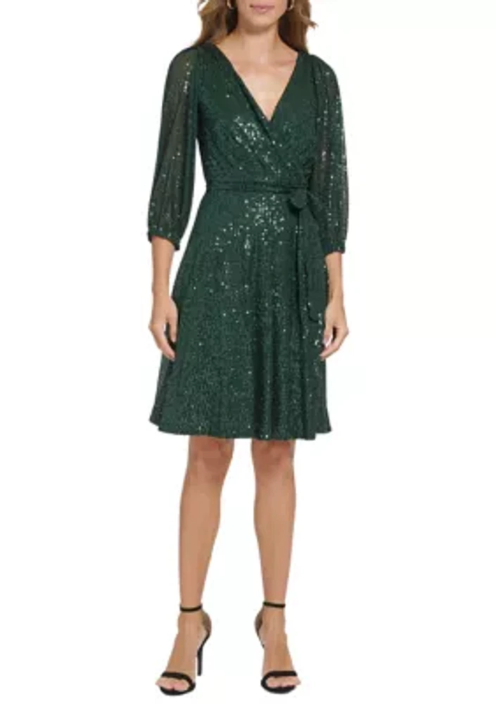 Women's Long Sleeve Surplice All Over Sequin Fit and Flare Dress