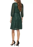 Women's Long Sleeve Surplice All Over Sequin Fit and Flare Dress