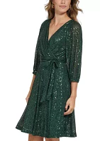 Women's Long Sleeve Surplice All Over Sequin Fit and Flare Dress