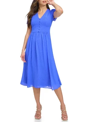 Women's Short Sleeve Jacquard Satin Button Front V-Neck Midi Dress