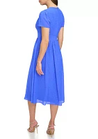 Women's Short Sleeve Jacquard Satin Button Front V-Neck Midi Dress