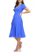 Women's Short Sleeve Jacquard Satin Button Front V-Neck Midi Dress