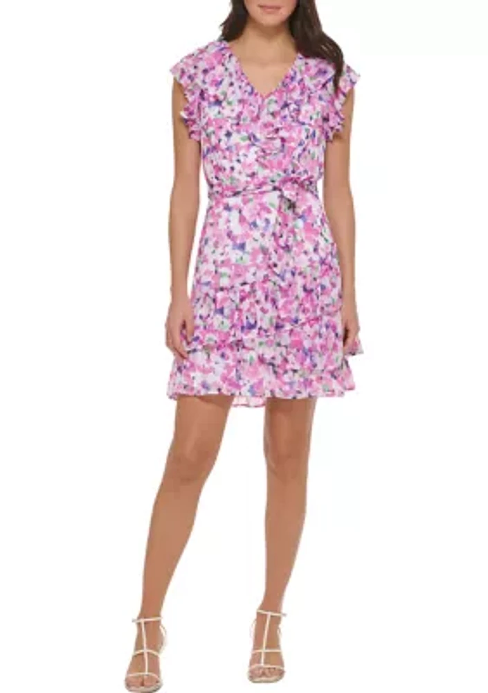 Women's Short Flutter Sleeve Floral Printed Smock Waist Fit and Flare Dress