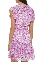 Women's Short Flutter Sleeve Floral Printed Smock Waist Fit and Flare Dress