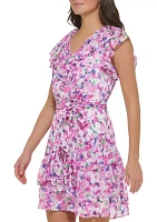 Women's Short Flutter Sleeve Floral Printed Smock Waist Fit and Flare Dress