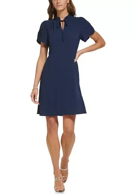 Women's Short Sleeve Ruffle Neck Solid Chiffon Shift Dress