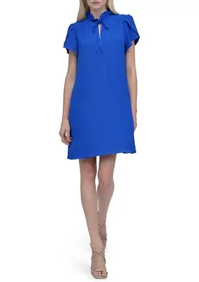 Women's Short Sleeve Ruffle Neck Solid Chiffon Shift Dress