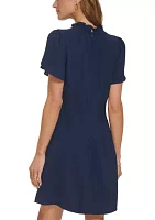 Women's Short Sleeve Ruffle Neck Solid Chiffon Shift Dress