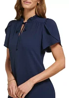 Women's Short Sleeve Ruffle Neck Solid Chiffon Shift Dress