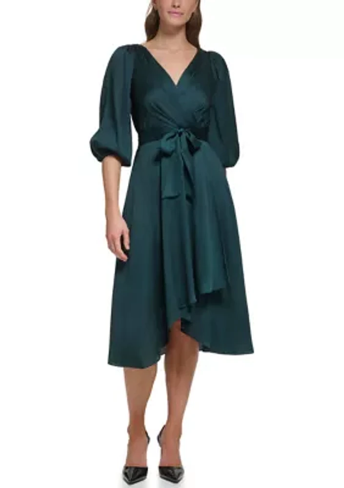 Women's Blouson Sleeve Wrap Fit and Flare Dress