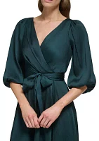 Women's Blouson Sleeve Wrap Fit and Flare Dress