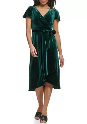 Women's Flutter Sleeve Tie Waist Velvet Fit and Flare Dress